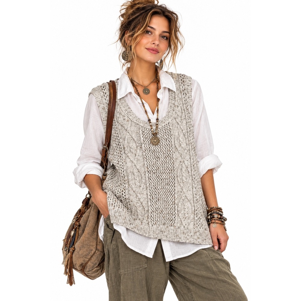 POL Cable Knit Crochet Sweater Vest Oatmeal Beige Marl M Earthy Lagenlook Boho
